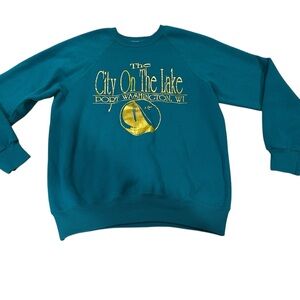 VTG Lee Teal Crewneck Sweater with Gold Graphic Port Washington, WI Size L USA